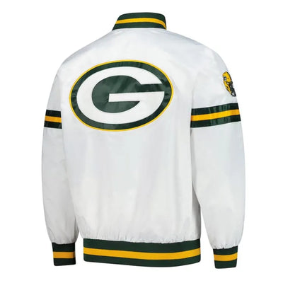 Green Bay Packers Scout Full-Snap Varsity White Satin Men's Bomber Jacket