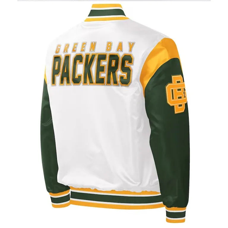 Green Bay Packers Throwback Warm Up Pitch Full-Snap Varsity White & Green Satin Men's Bomber Jacket
