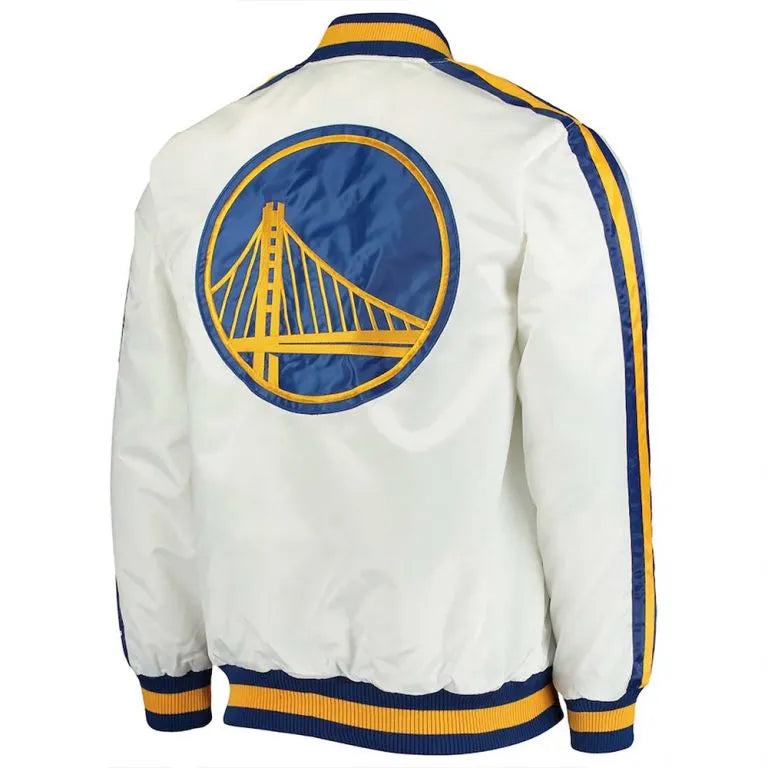 Golden State Warriors The Defensive Full-Snap Varsity White Satin Men's Bomber Jacket