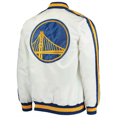 Golden State Warriors The Defensive Full-Snap Varsity White Satin Men's Bomber Jacket