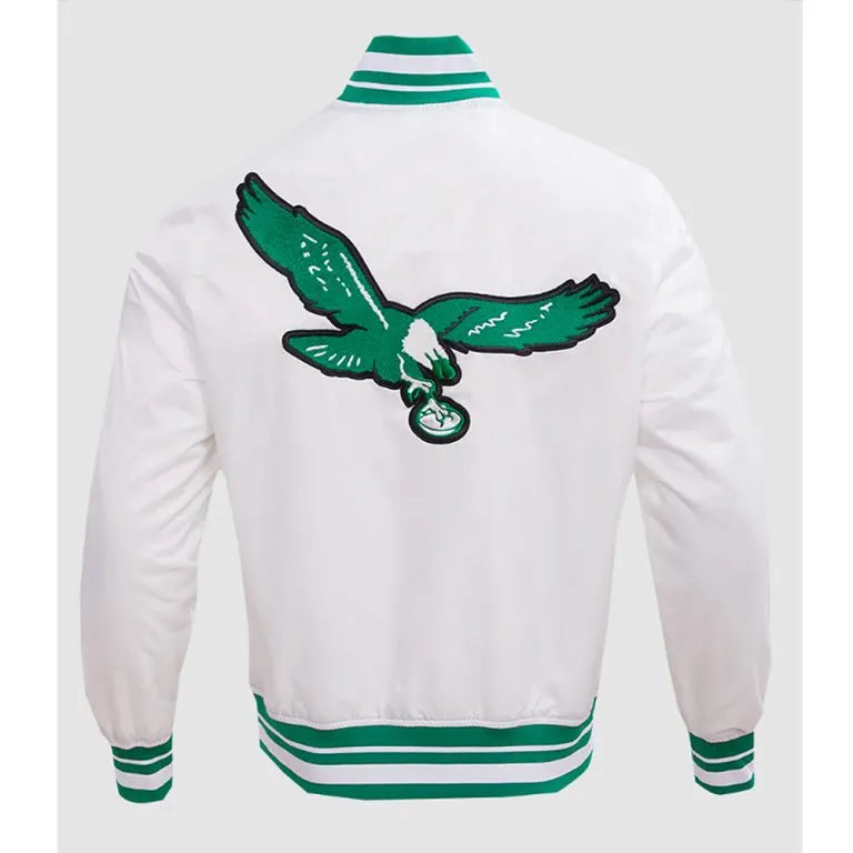 Philadelphia Eagles Retro Classic Rib Full-Snap Varsity White Satin Men's Bomber Jacket
