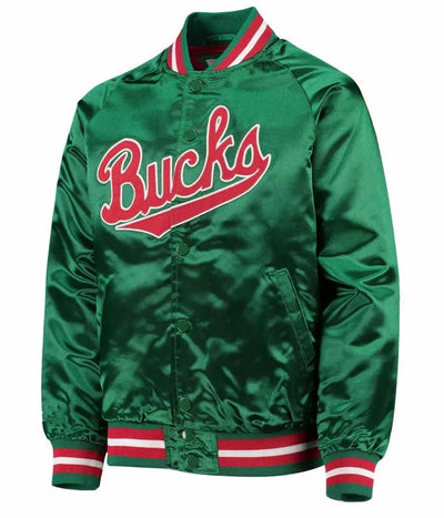 Milwaukee Bucks Hardwood Classics Full-Snap Varsity Green Satin Men's Bomber Jacket