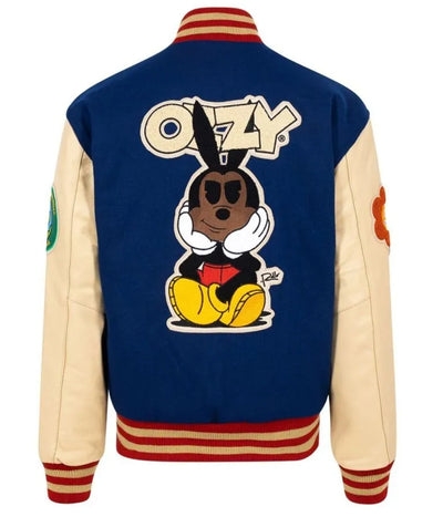 Mickey Mouse Ozzy Rello Blue Wool & Beige Genuine Leather Sleeves Men's Letterman Varsity Jacket