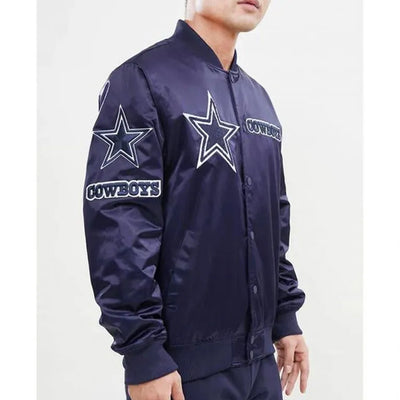 Dallas Cowboys Chest Hit Logo Full-Snap Varsity Navy Blue Satin Men's Bomber Jacket