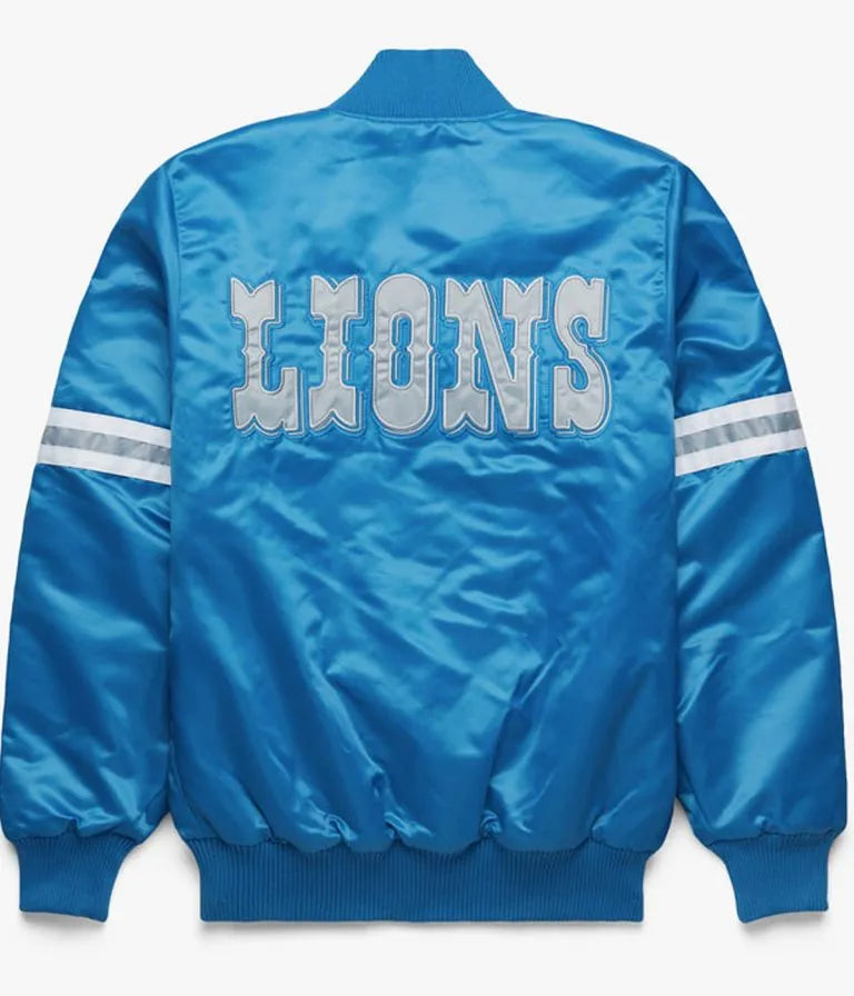 Detroit Lions Full-Snap Varsity Light Blue Satin Men's Bomber Jacket