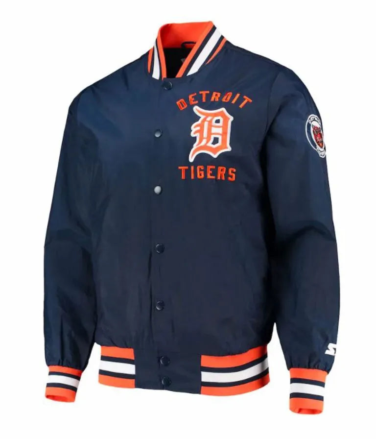 Detroit Tigers Blue Satin Full-Snap Bomber Men's Jacket