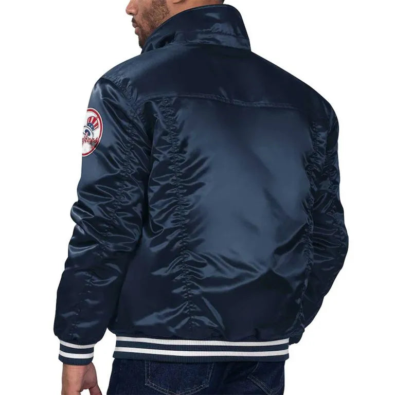 New York Yankees Silver Tab Trucker Full-Snap Navy Blue Satin Men's Jacket