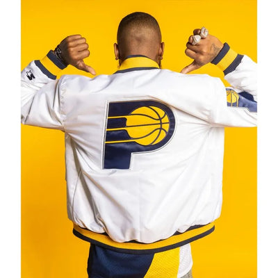 Indiana Pacers X Full-Snap Varsity White Satin Men's Bomber Jacket