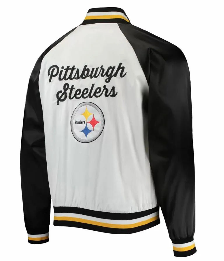 Pittsburgh Steelers Full-Snap Varsity White and Black Satin Men's Bomber Jacket
