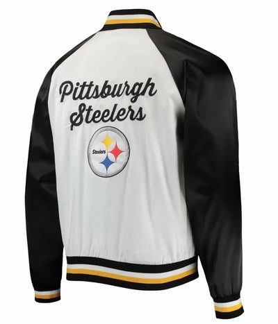 Pittsburgh Steelers Full-Snap Varsity White and Black Satin Men's Bomber Jacket