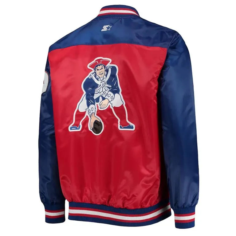 New England Patriots The Tradition Full-Snap Varsity Red & Blue Satin Men's Bomber Jacket