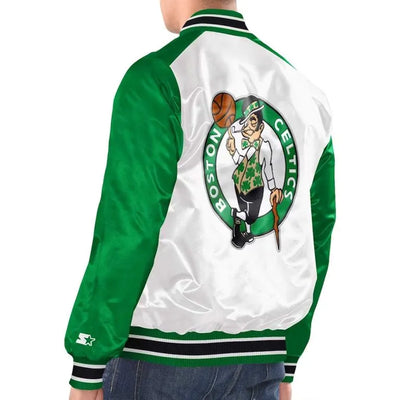Boston Celtics Renegade Full-Snap Varsity White/Kelly Green Satin Men's Bomber Jacket
