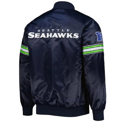 Seattle Seahawks The Pick and Roll Full-Snap Varsity Navy Blue Satin Men's Bomber Jacket