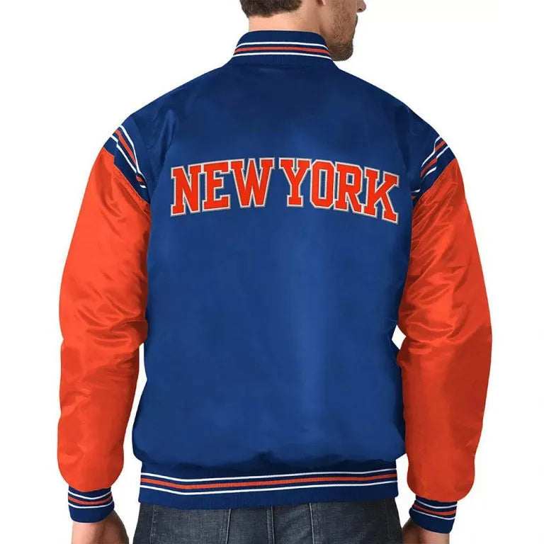 New York Knick The Enforcer Full-Snap Varsity Blue/Orange Satin Men's Bomber Jacket