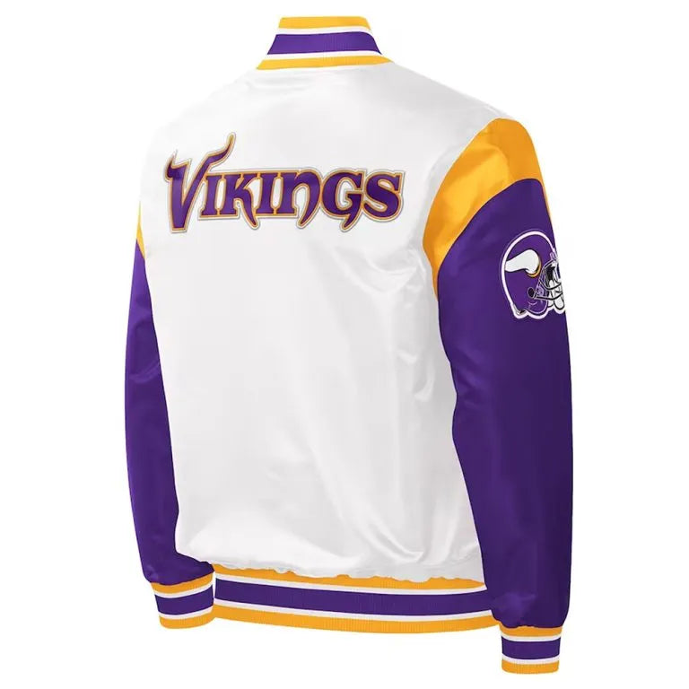 Minnesota Vikings Throwback Warm Up Pitch Full-Snap Varsity White & Purple Satin Men's Bomber Jacket