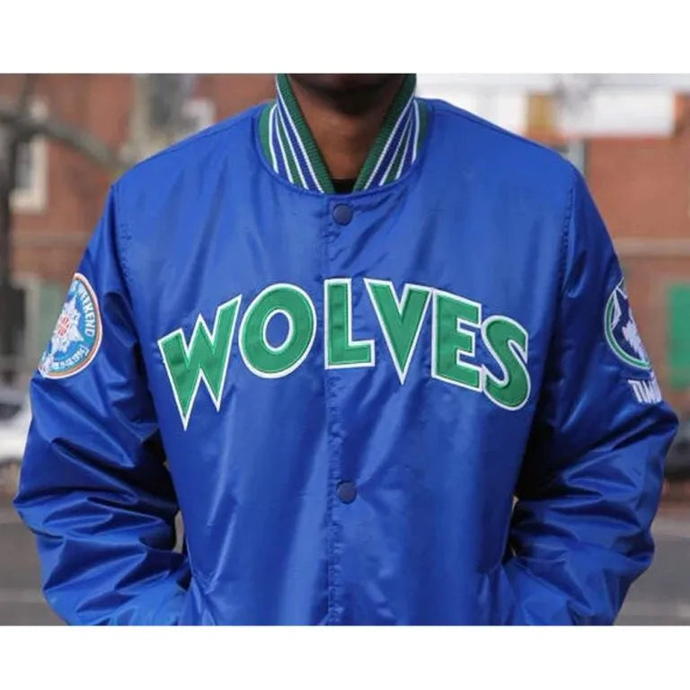 Minnesota Timberwolves All Star Weekend Full-Snap Varsity Blue Satin Men's Bomber Jacket