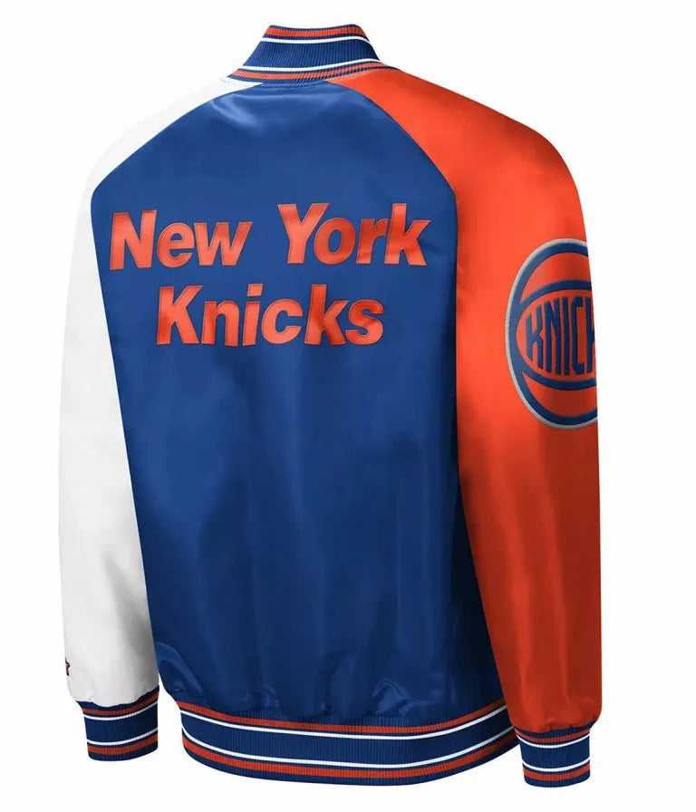 New York Knick Classic Full-Snap Varsity Royal Blue and Orange Satin Men's Bomber Jacket