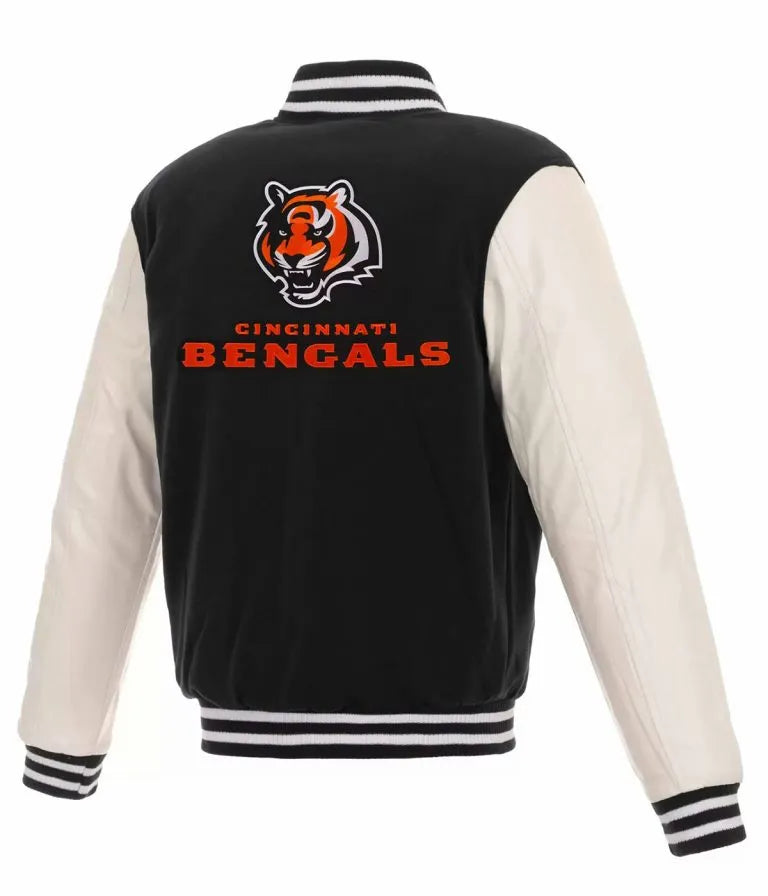 Cincinnati Bengals Black Wool & White Genuine Leather Sleeves Men's Varsity Jacket