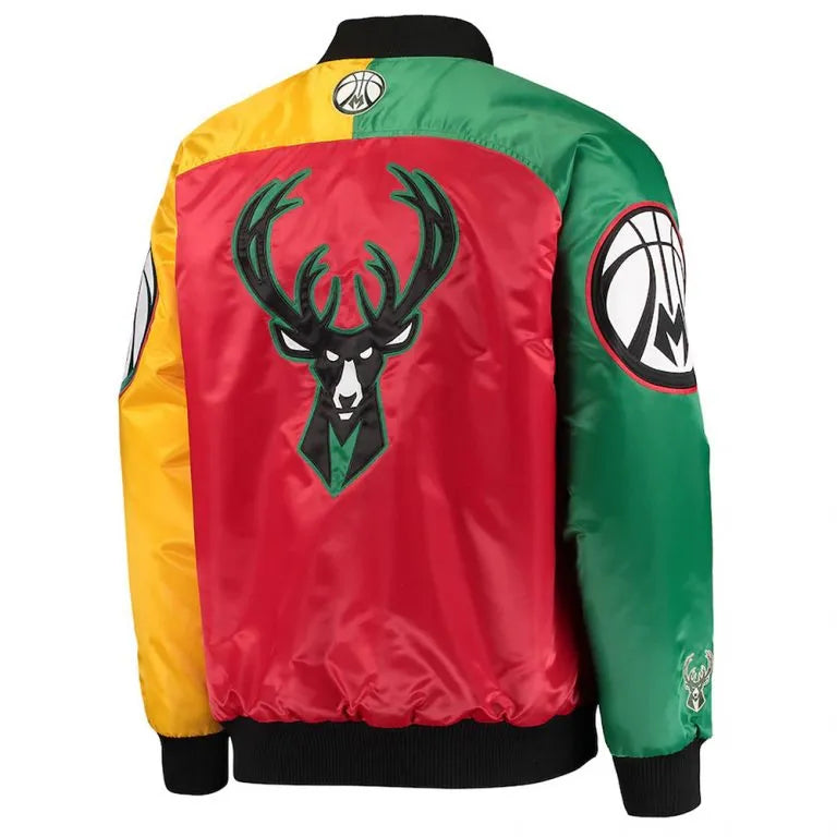 Milwaukee Bucks Ty Mopkins Full-Snap Varsity Multicolor Satin Men's Bomber Jacket
