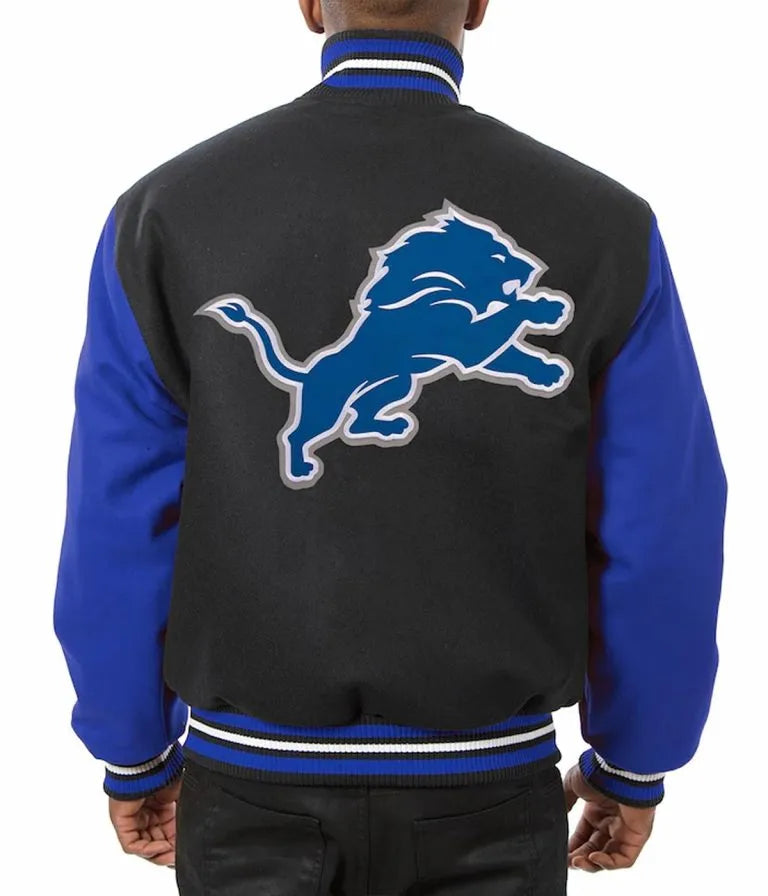 Detroit Lions All Wool  Black And Royal Blue Men's Varsity Jacket