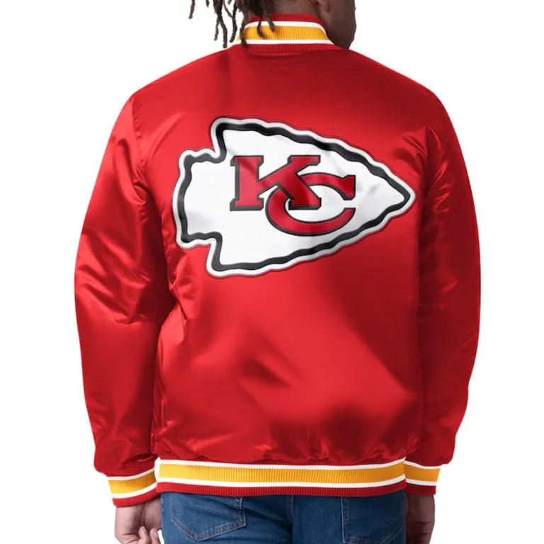 Kansas City Chiefs Closer Full-Snap Varsity Red and Yellow Satin Men's Bomber Jacket