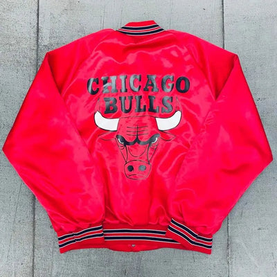 1990’s Chicago Bulls Locker Line Full-Snap Varsity Red Satin Men's Bomber Jacket