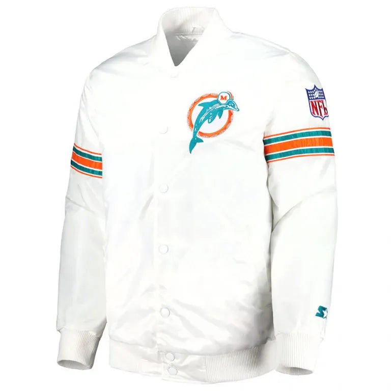 Miami Dolphins The Power Forward Full-Snap Varsity White Satin Men's Bomber Jacket
