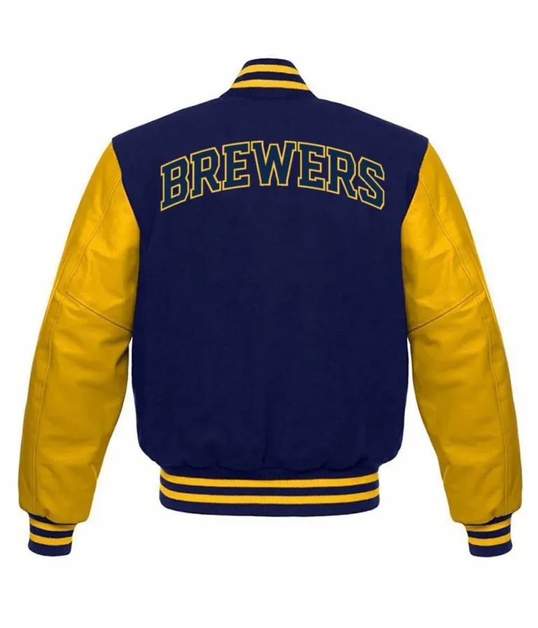 Milwaukee Brewers Varsity Blue Wool & Yellow Leather Sleeves Full Snap Men's Jacket