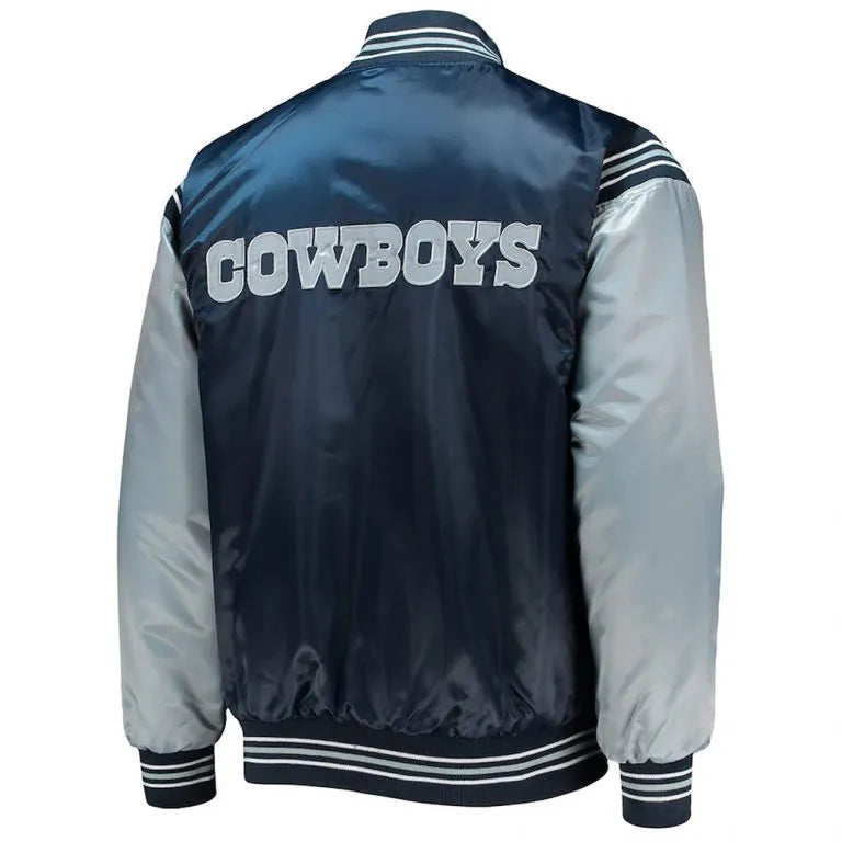 Dallas Cowboys Enforcer Full-Snap Varsity Navy/Silver Satin Men's Bomber Jacket