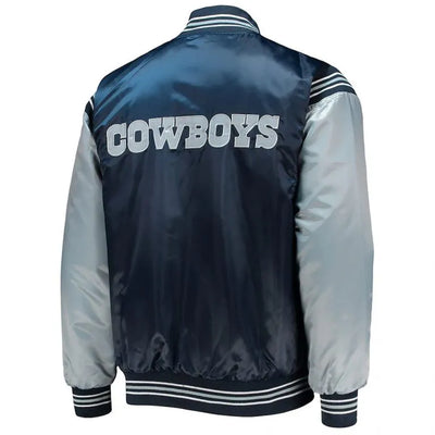 Dallas Cowboys Enforcer Full-Snap Varsity Navy/Silver Satin Men's Bomber Jacket