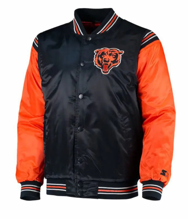 Chicago Bears Full-Snap Varsity Navy Blue and Orange Satin Men's Bomber Jacket