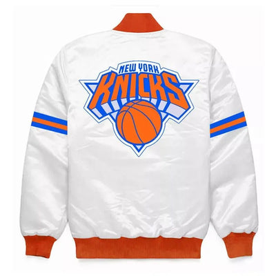 New York Knick Striped Full-Snap Varsity  Blue/White Satin Men's Bomber Jacket