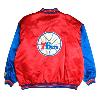 Philadelphia 76ers Classics Full-Snap Varsity Red and Blue Satin Men's Bomber Jacket