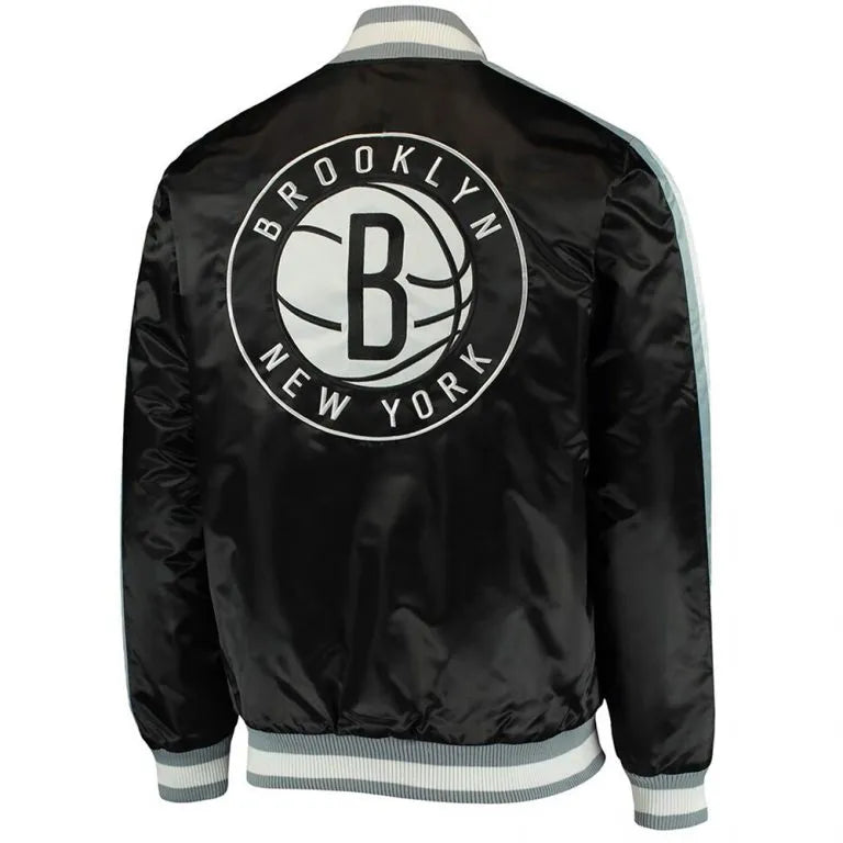 Brooklyn Nets The Offensive Full-Snap Varsity Black Satin Men's Bomber Jacket