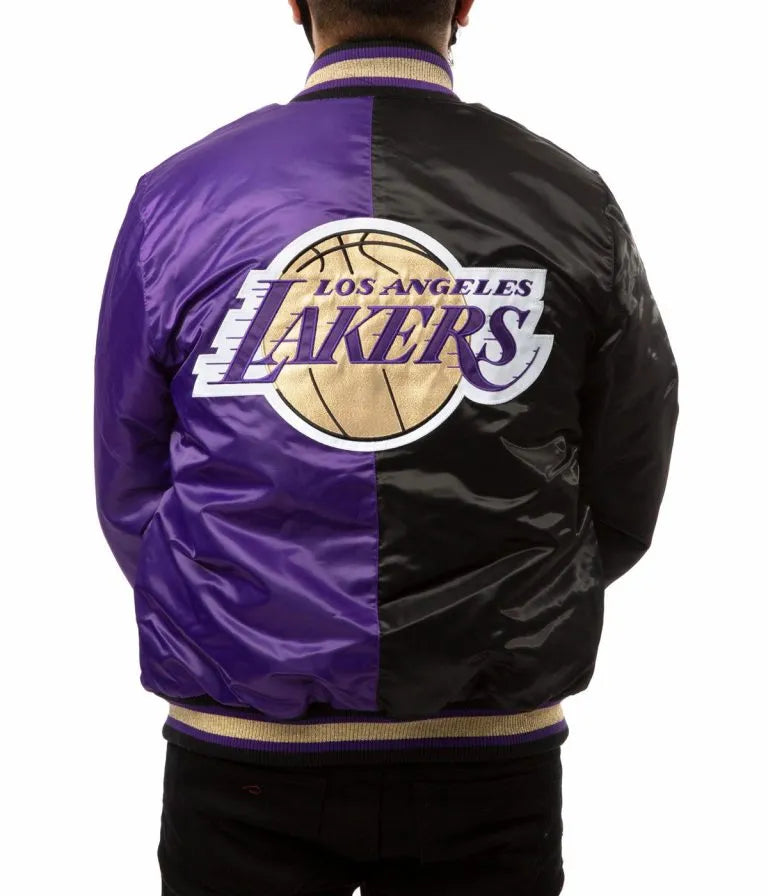 Los Angeles Lakers Full-Snap Varsity Purple and Black Satin Men's Bomber Jacket