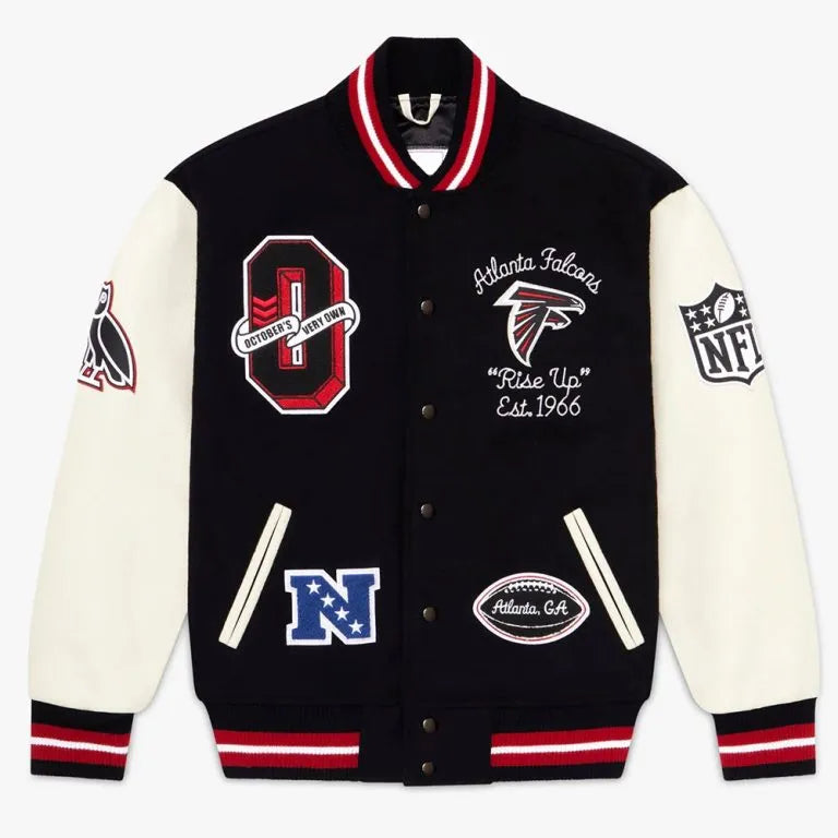 Atlanta Falcons OVO Varsity Black Wool & White Genuine Leather Sleeves Men's Letterman Jacket
