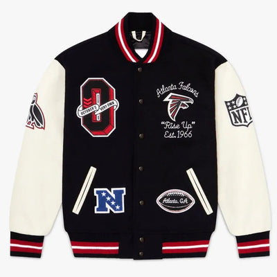 Atlanta Falcons OVO Varsity Black Wool & White Genuine Leather Sleeves Men's Letterman Jacket