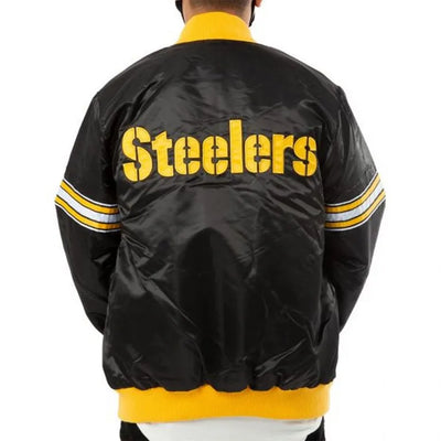 Pittsburgh Steelers Striped Full-Snap Varsity Black Satin Men's Bomber Jacket