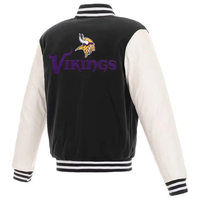 Minnesota Vikings Black Wool and White Genuine Leather Sleeves Men's Varsity Letterman Jacket