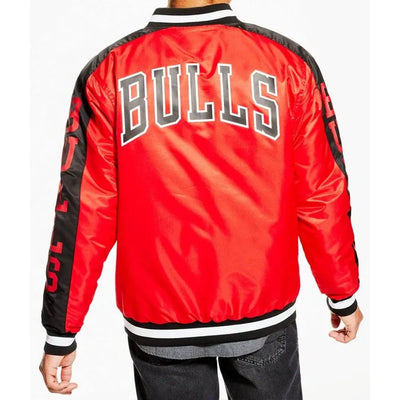 Chicago Bulls Superfans Full-Snap Varsity Black and Red Satin Men's Bomber Jacket