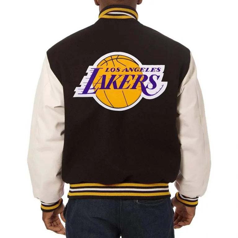 Los Angeles Lakers Domestic Varsity Black Wool & White Genuine Leather Sleeves Men's Bomber Jacket