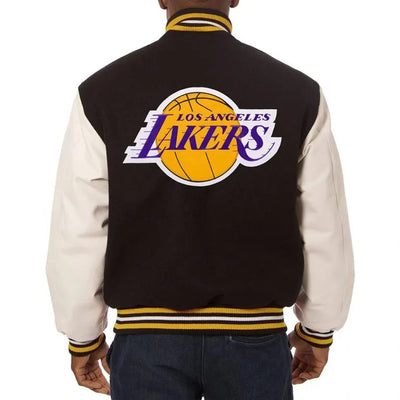 Los Angeles Lakers Domestic Varsity Black Wool & White Genuine Leather Sleeves Men's Bomber Jacket
