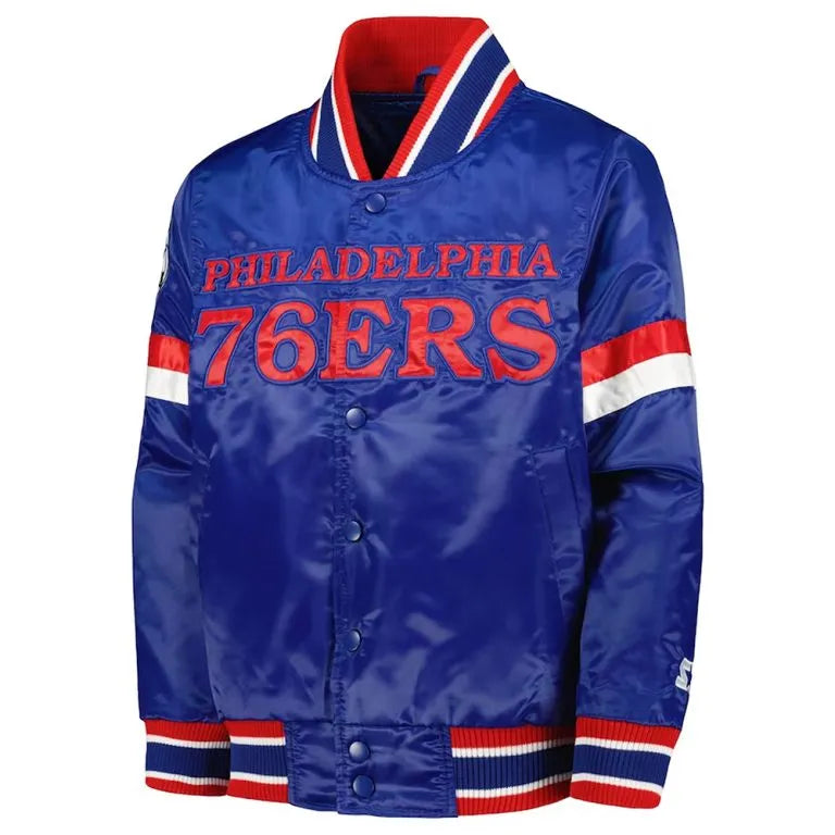 Philadelphia 76ers Home Game Full-Snap Varsity Royal Blue Satin Men's Bomber Jacket