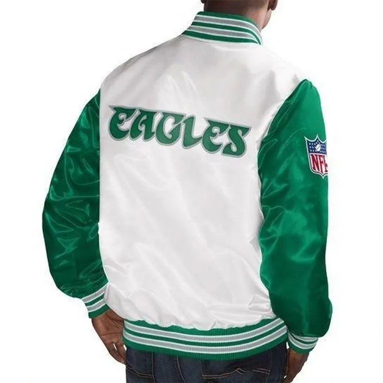 Philadelphia Eagles Legend Full-Snap Varsity Kelly Green & White Satin Men's Bomber Jacket