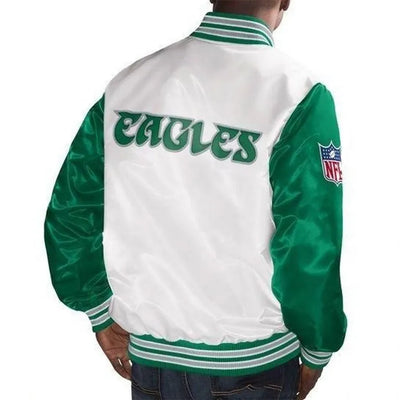 Philadelphia Eagles Legend Full-Snap Varsity Kelly Green & White Satin Men's Bomber Jacket