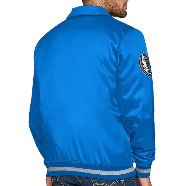 Dallas Mavericks Stitch Applique Full-Snap Varsity Blue Satin Men's Bomber Jacket