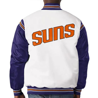 Phoenix Suns Renegade Full-Snap Varsity White and Purple Satin Men's Bomber Jacket