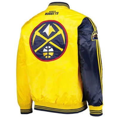 Denver Nuggets Fast Break Full-Snap Varsity Navy Blue and Yellow Satin Men's Bomber Jacket