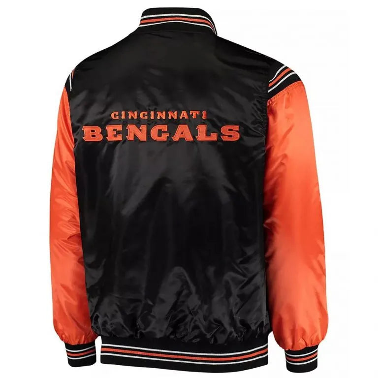 Cincinnati Bengals Enforcer Full-Snap Varsity Black and Orange Satin Men's Bomber Jacket