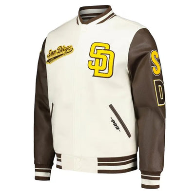 San Diego Padres Script Cream Wool and Brown Leather Sleeves Varsity Men's Jacket